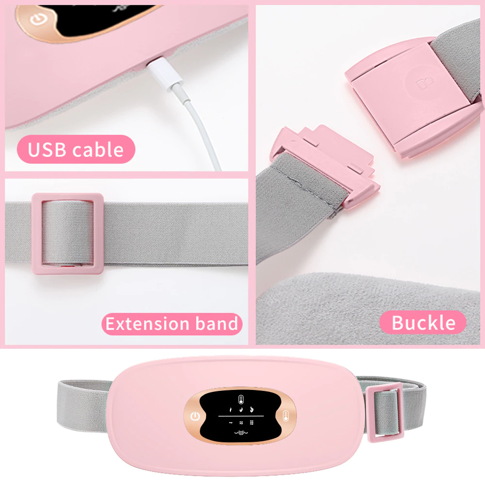 Electric Heating Menstrual Vibration Pad Belt designed for period pain relief, featuring adjustable waistband and USB charging.