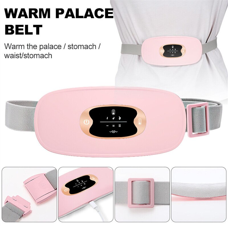 Electric Heating Menstrual Vibration Pad Belt designed for period pain relief, featuring adjustable waistband and USB charging.