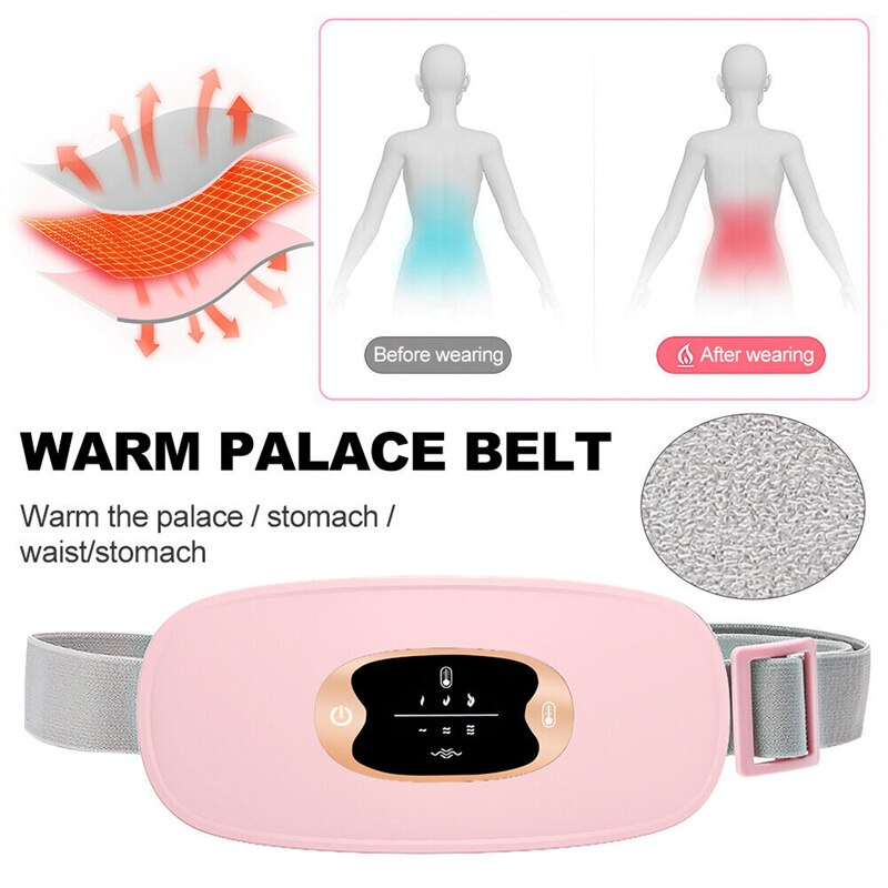 Electric Heating Menstrual Vibration Pad Belt designed for period pain relief, featuring adjustable waistband and USB charging.