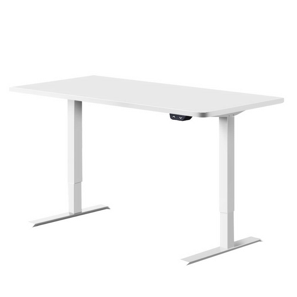 Electric Motorised Height Adjustable Standing Desk with a sleek white frame, showcasing its modern design and adjustable features.