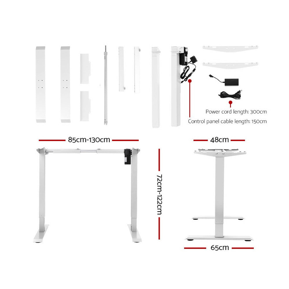 Electric Motorised Height Adjustable Standing Desk with a sleek white frame, showcasing its modern design and adjustable features.