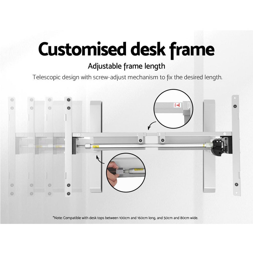 Electric Motorised Height Adjustable Standing Desk with a sleek white frame, showcasing its modern design and adjustable features.