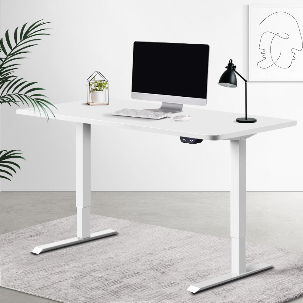 Electric Motorised Height Adjustable Standing Desk with a sleek white frame, showcasing its modern design and adjustable features.