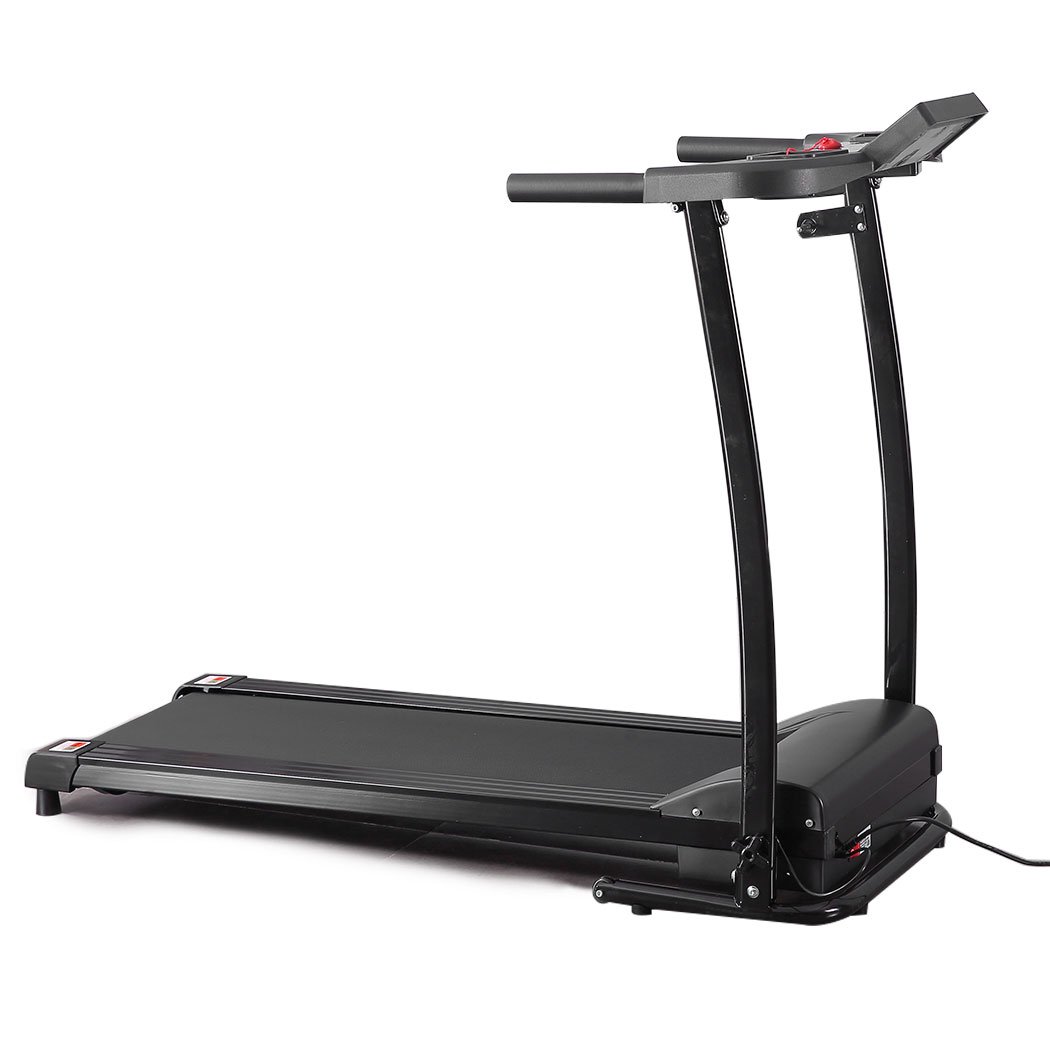 Electric treadmill designed for home gym use, featuring a foldable design, LCD screen, and anti-slip running belt.