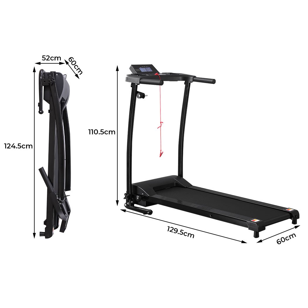 Electric treadmill designed for home gym use, featuring a foldable design, LCD screen, and anti-slip running belt.