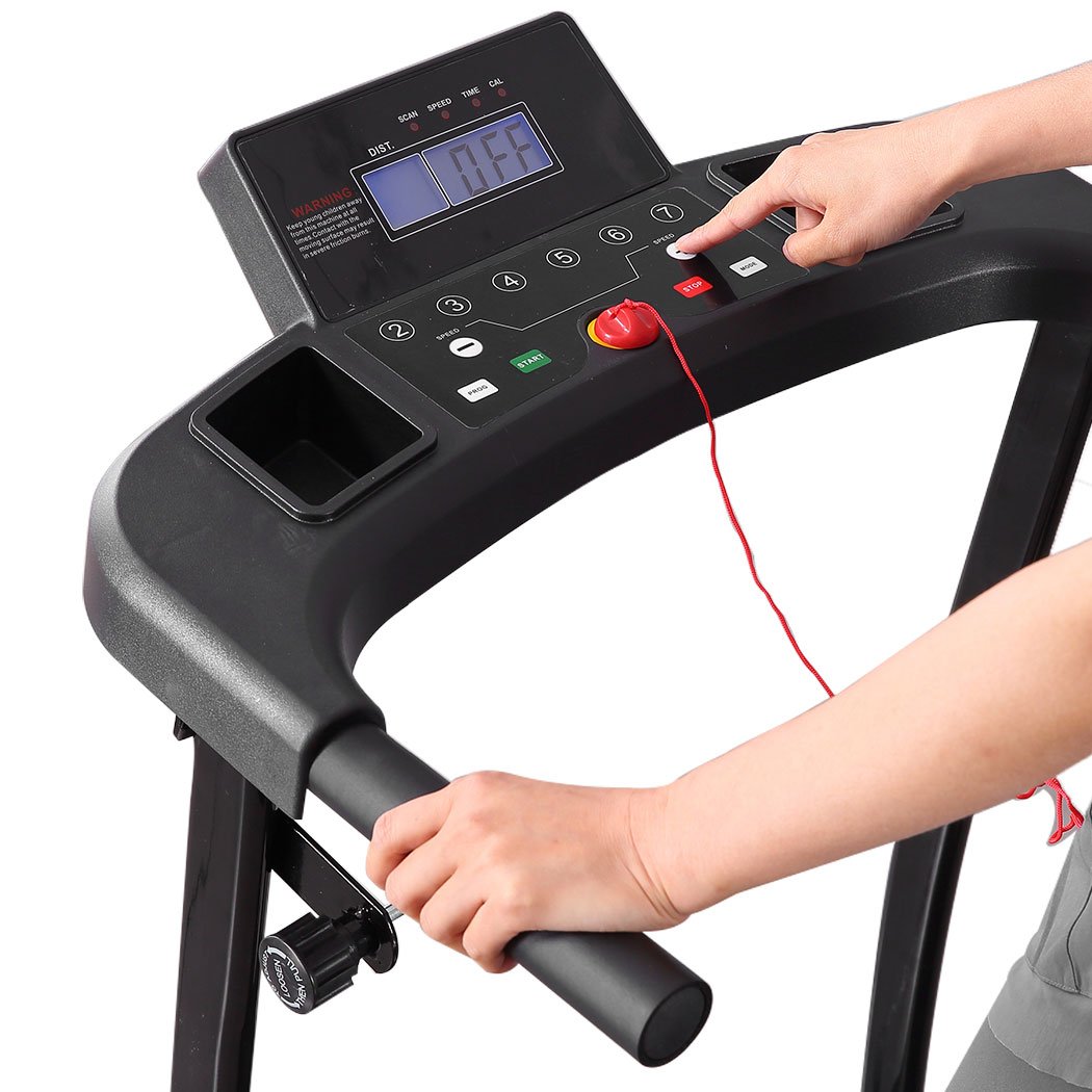 Electric treadmill designed for home gym use, featuring a foldable design, LCD screen, and anti-slip running belt.