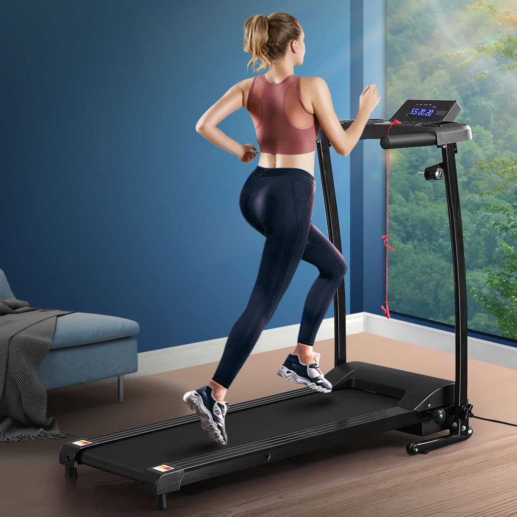Electric treadmill designed for home gym use, featuring a foldable design, LCD screen, and anti-slip running belt.