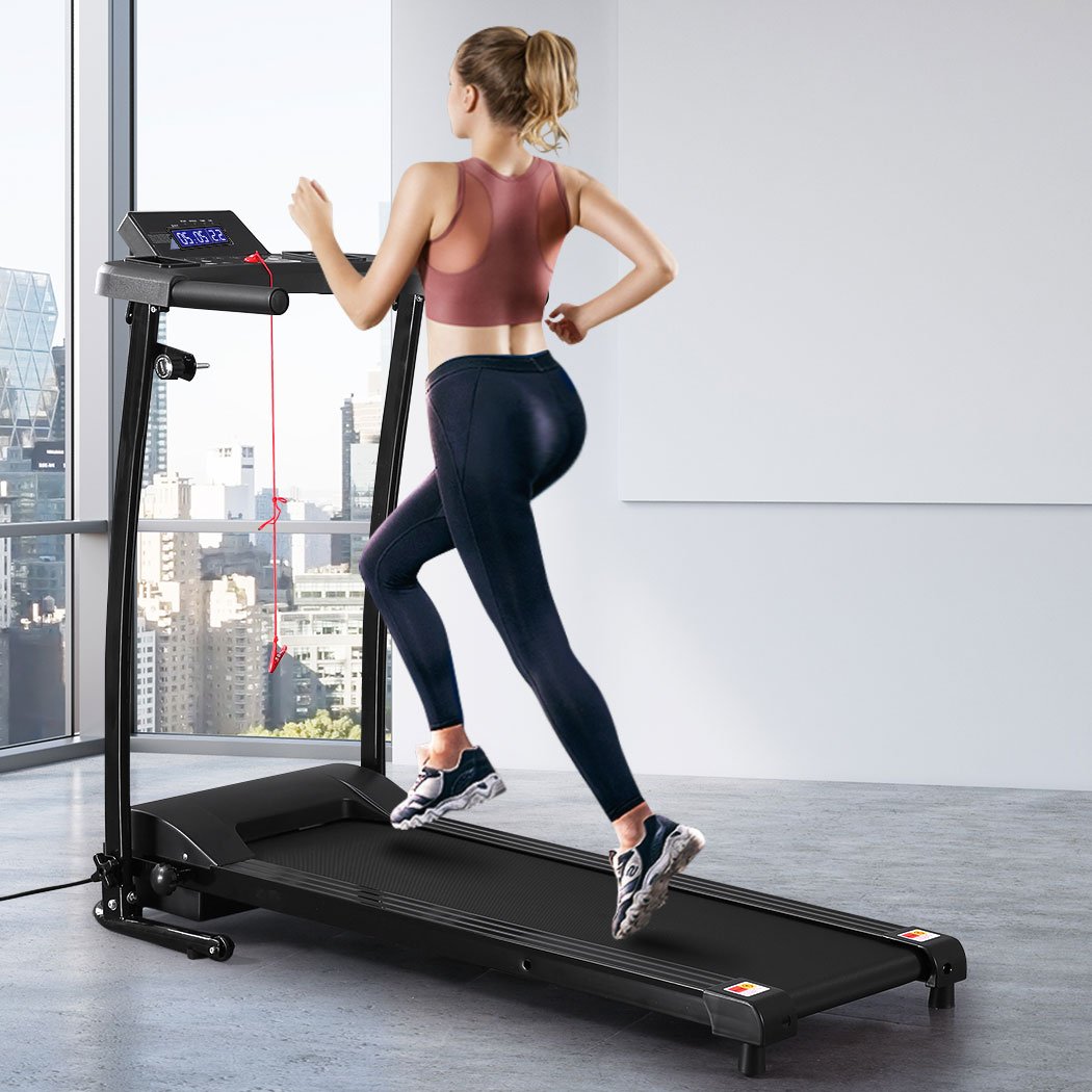 Electric treadmill designed for home gym use, featuring a foldable design, LCD screen, and anti-slip running belt.