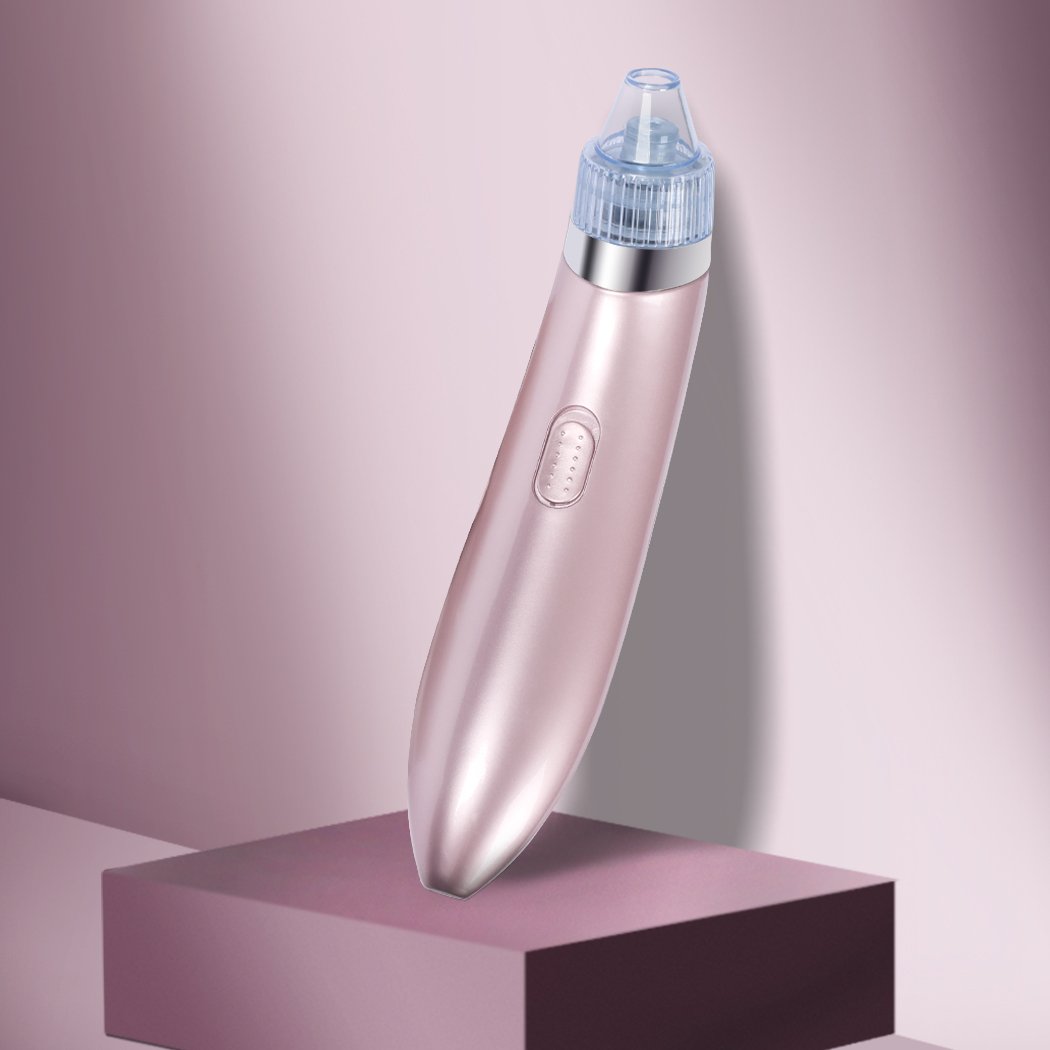 Electric Vacuum Pore Cleaner in rose gold color with multiple suction heads for blackhead removal and acne treatment.