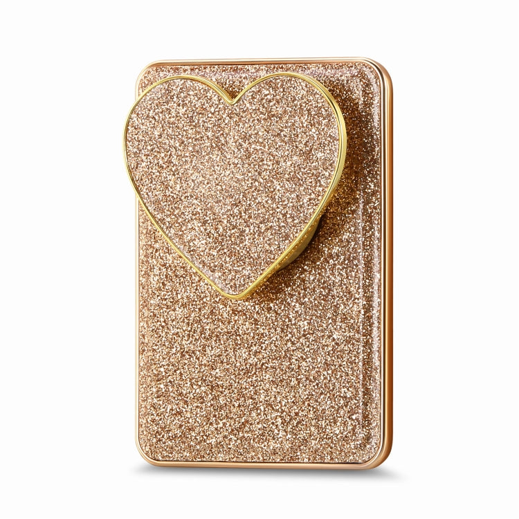 Electroplating Glitter Magsafe Airbag Heart Stand Phone Card Bag in Gold, showcasing its stylish design and multiple card slots.