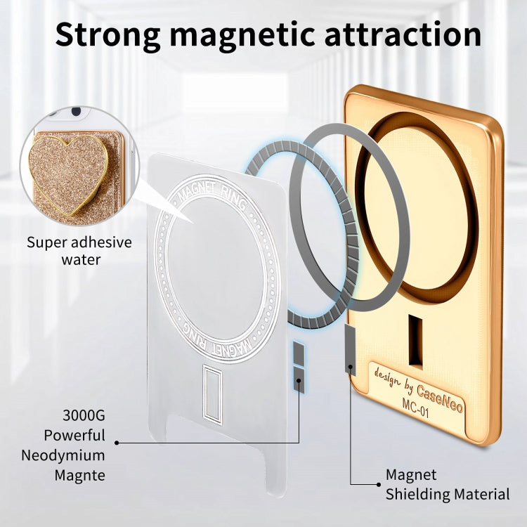 Electroplating Glitter Magsafe Airbag Heart Stand Phone Card Bag in Gold, showcasing its stylish design and multiple card slots.