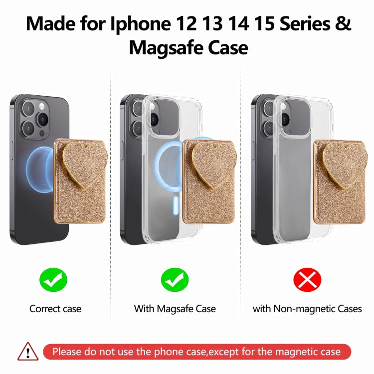 Electroplating Glitter Magsafe Airbag Heart Stand Phone Card Bag in Gold, showcasing its stylish design and multiple card slots.