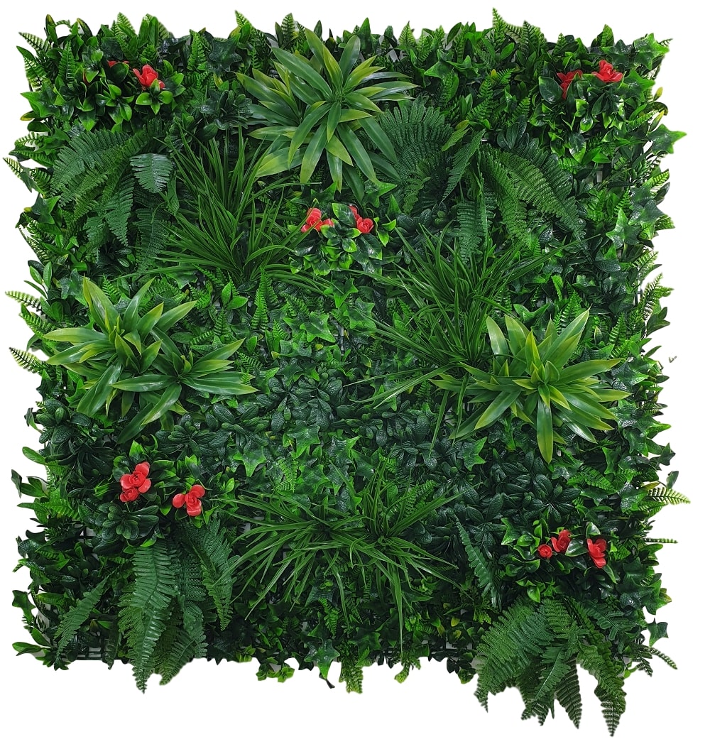 Elegant Red Rose Vertical Garden panel featuring lush artificial foliage and red roses, perfect for enhancing indoor and outdoor spaces.