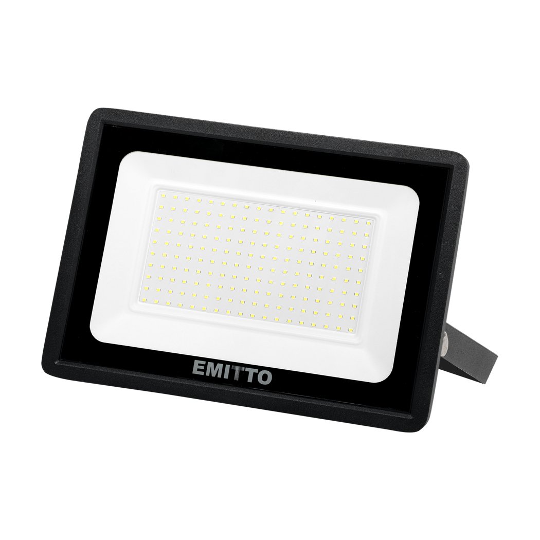 Emitto LED Flood Light 150W with adjustable frame and tempered glass, designed for outdoor use.
