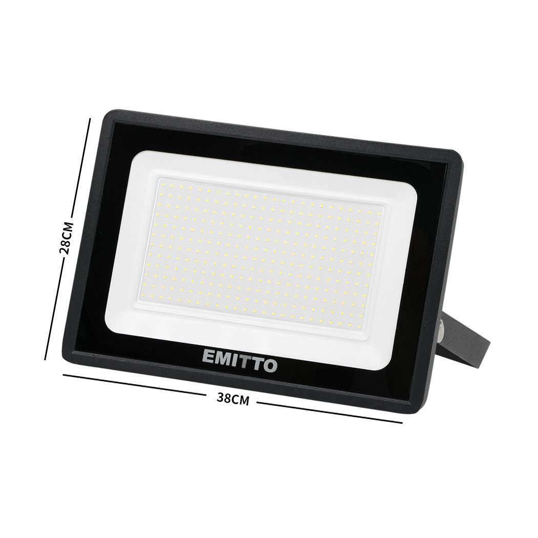 Emitto LED Flood Light 200W with adjustable frame and tempered glass, designed for outdoor use.