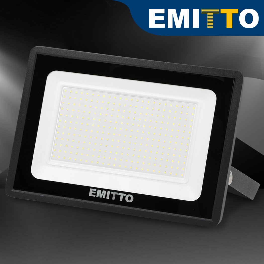 Emitto LED Flood Light 200W with adjustable frame and tempered glass, designed for outdoor use.
