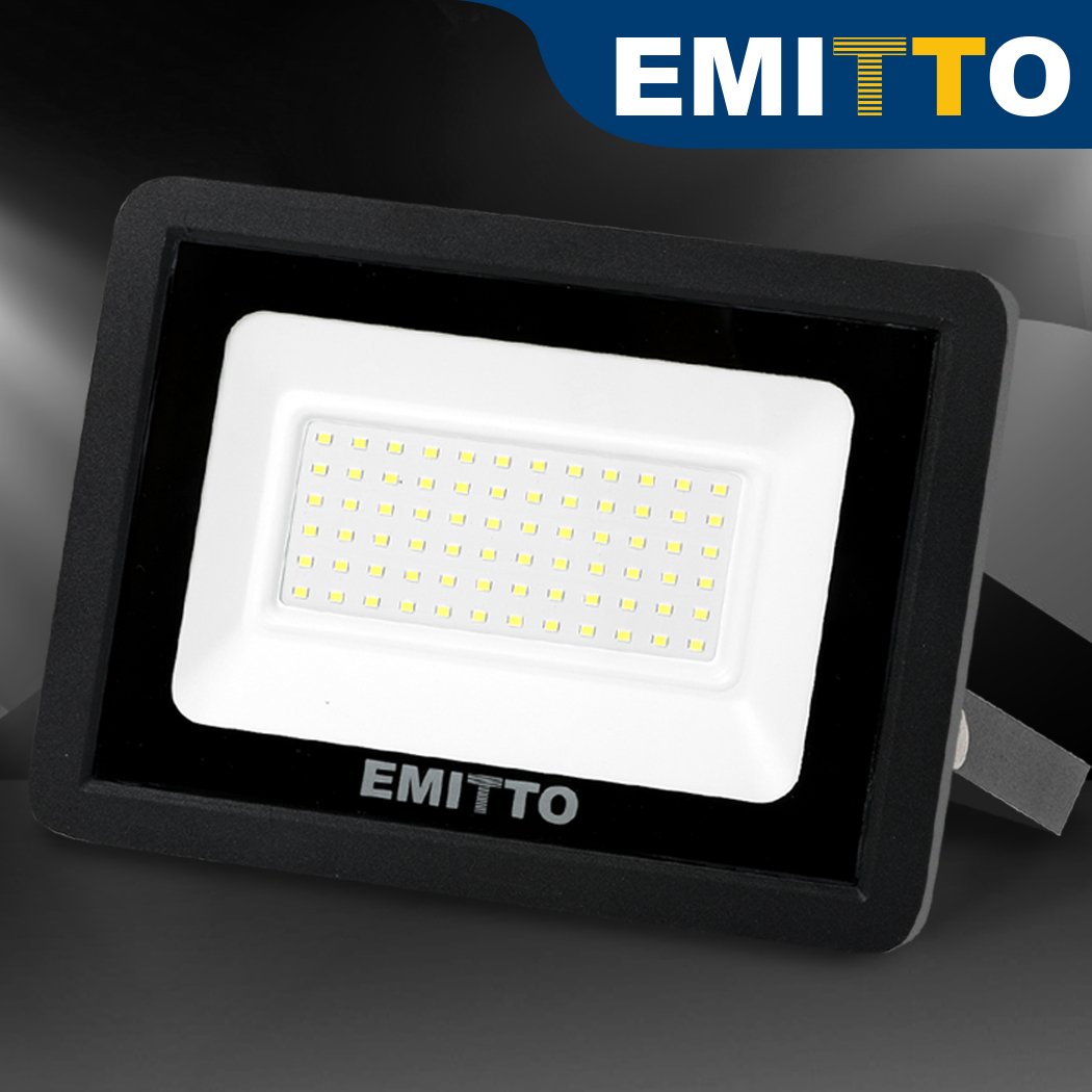 Emitto LED Flood Light 50W with adjustable frame and tempered glass, designed for outdoor use.