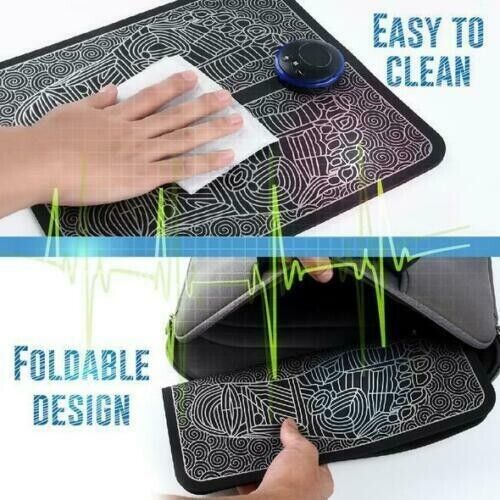 EMS Foot Massager featuring a sleek design with a soft yoga mat surface, USB charging port, and adjustable settings for deep kneading muscle relief.