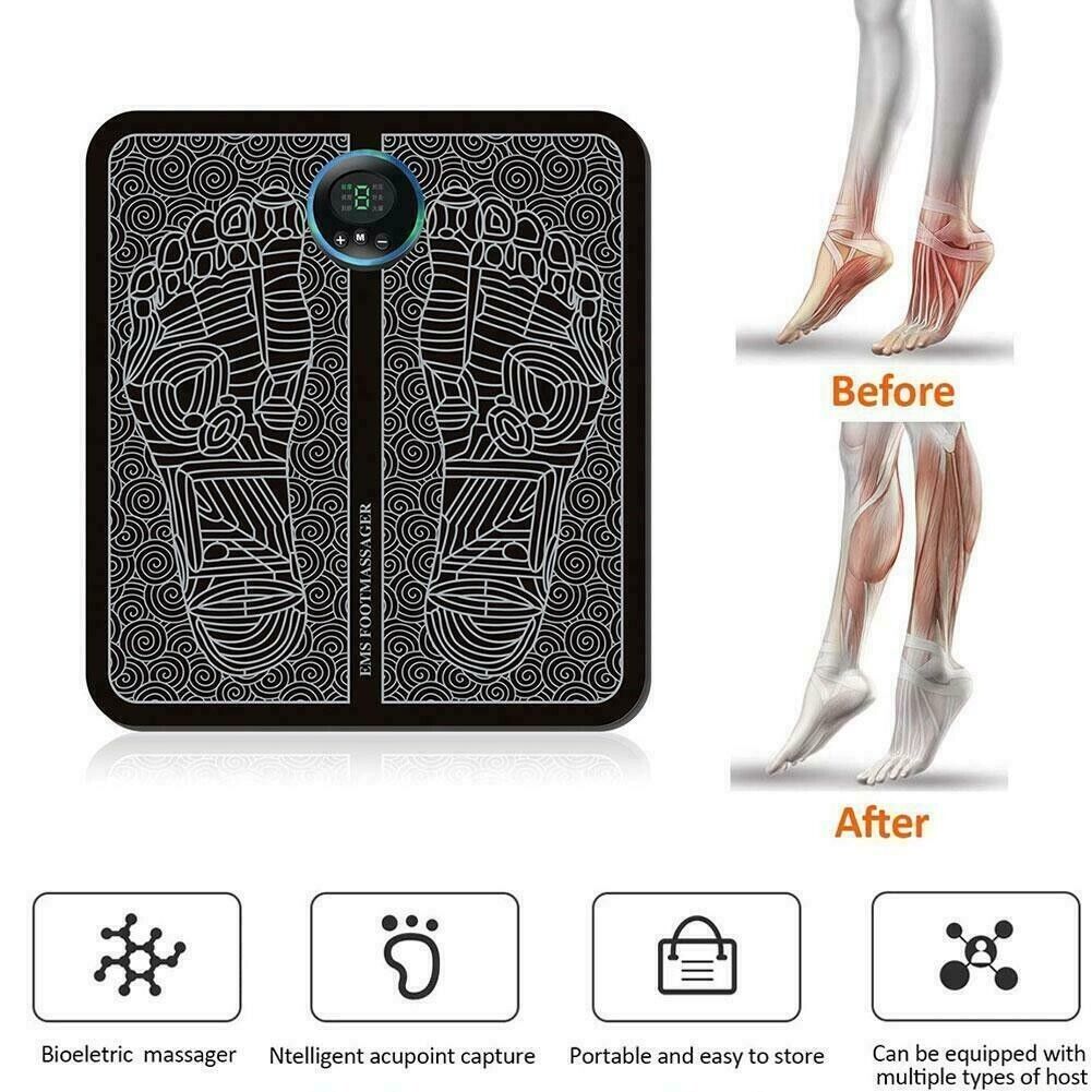 EMS Foot Massager featuring a sleek design with a soft yoga mat surface, USB charging port, and adjustable settings for deep kneading muscle relief.