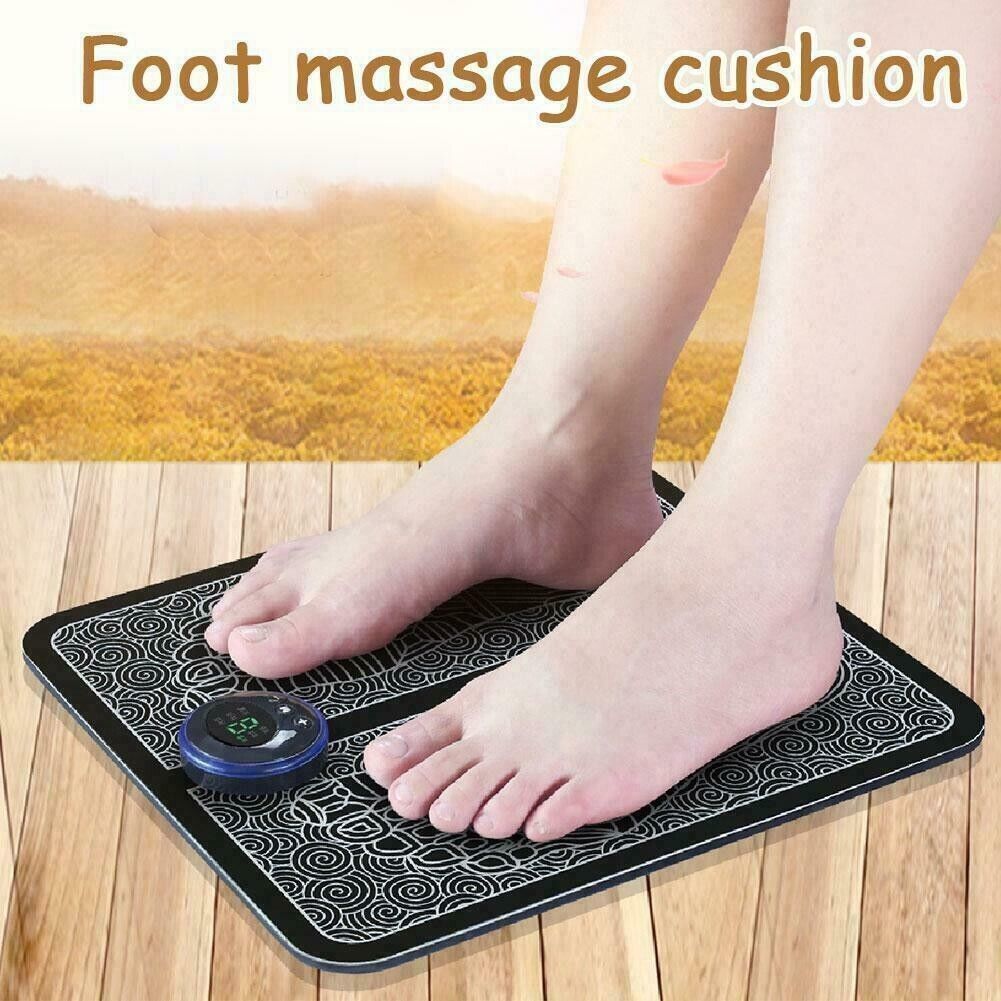 EMS Foot Massager featuring a sleek design with a soft yoga mat surface, USB charging port, and adjustable settings for deep kneading muscle relief.