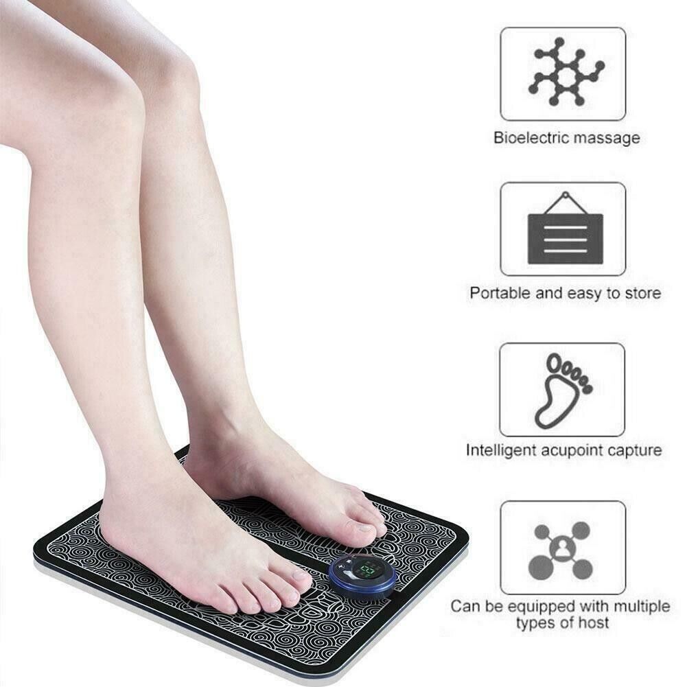 EMS Foot Massager featuring a sleek design with a soft yoga mat surface, USB charging port, and adjustable settings for deep kneading muscle relief.