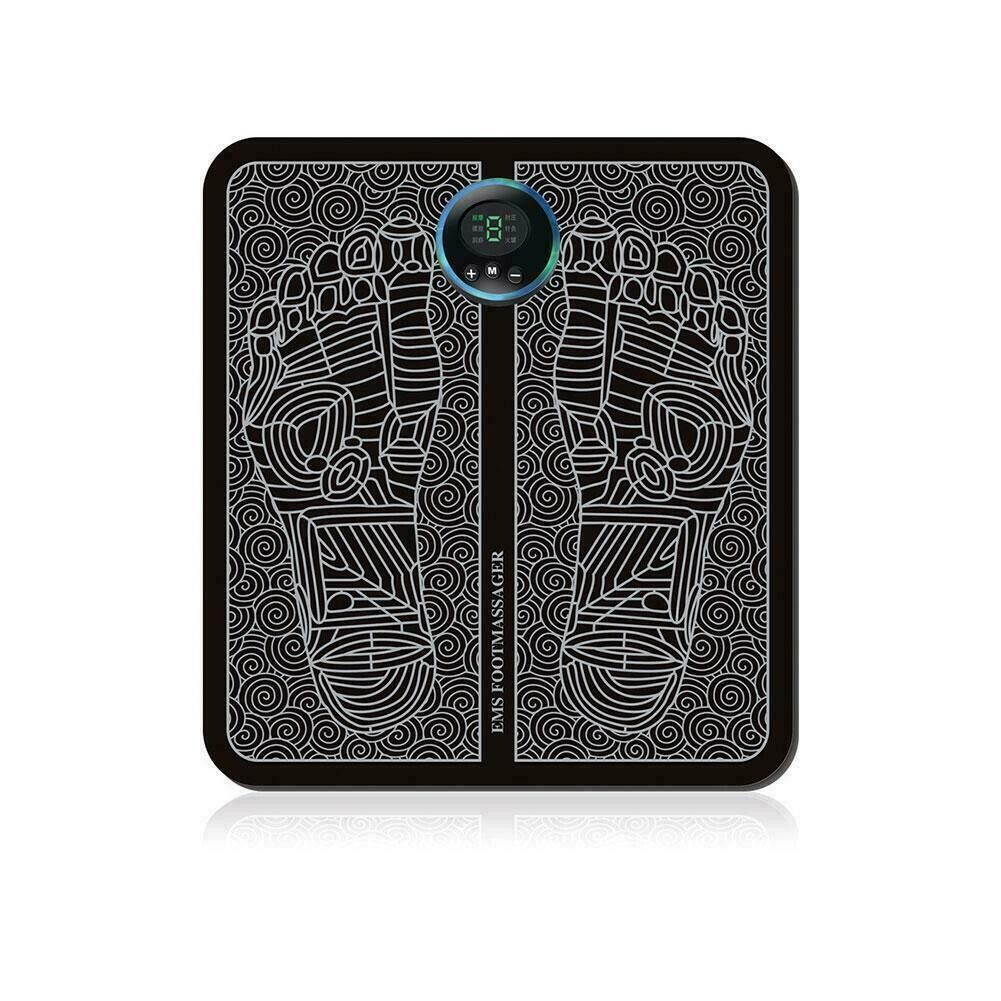 EMS Foot Massager featuring a sleek design with a soft yoga mat surface, USB charging port, and adjustable settings for deep kneading muscle relief.