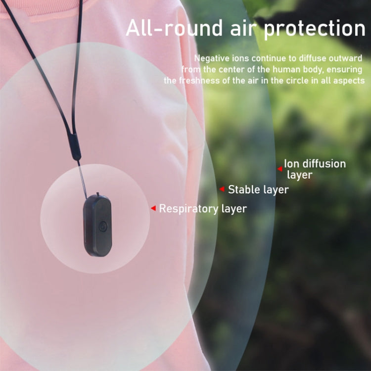 EP206 Hanging Neck Negative Ion Necklace Air Purifier in black, showcasing its sleek design and portable features.
