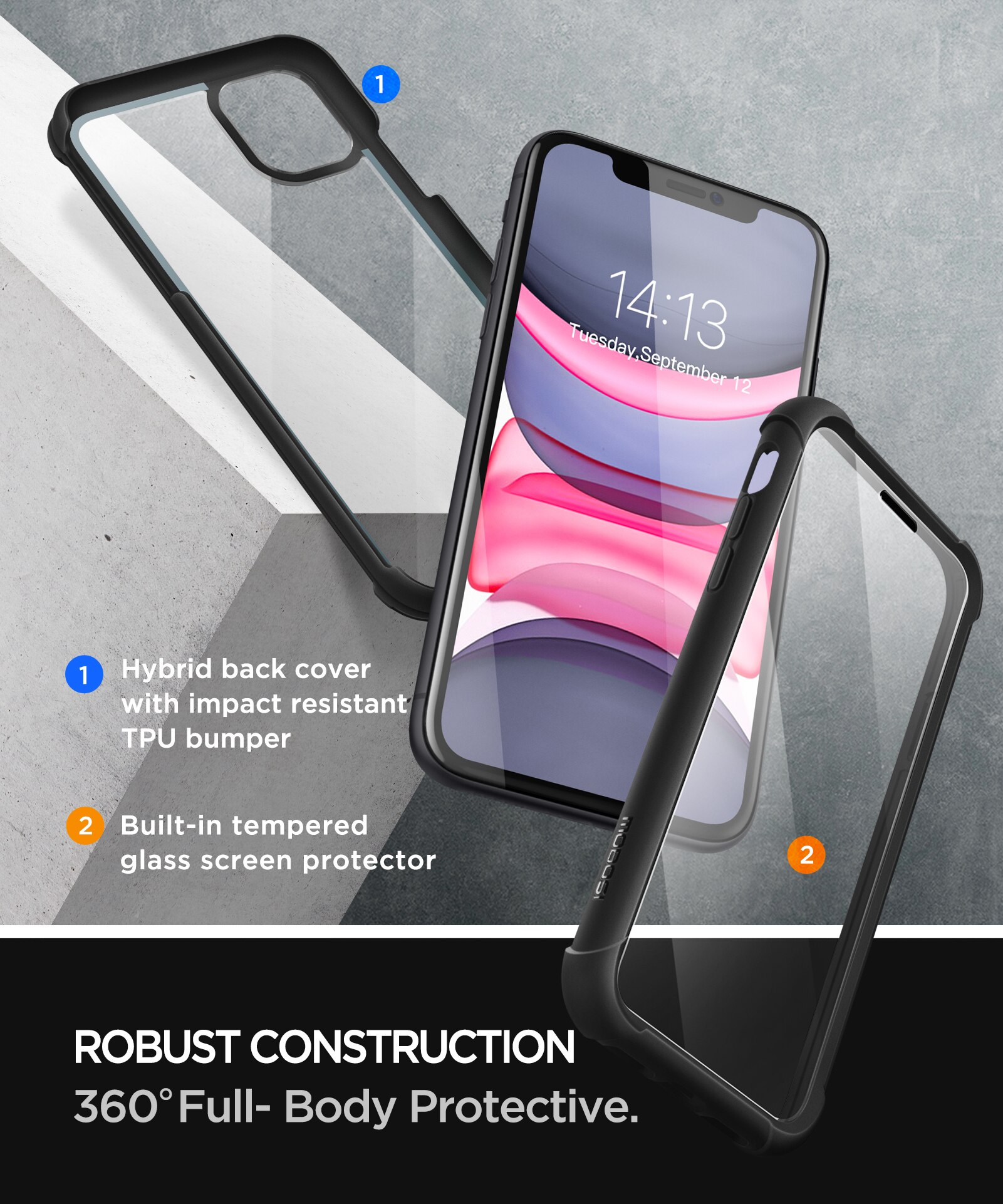Epoch Series Case for iPhone 11 showcasing full-body drop protection and built-in screen protector in a sleek design.