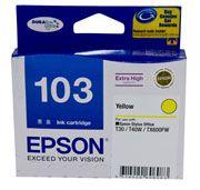 EPSON 103 Yellow High Capacity Ink Cartridge for TX600FW printer, showcasing vibrant yellow color and DURABrite Ultra technology.