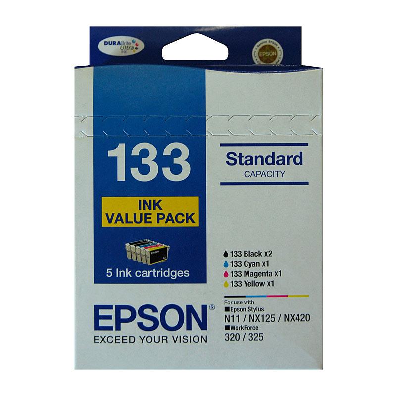 EPSON 133 x 5 Ink Value Pack featuring five genuine ink cartridges for vibrant printing.