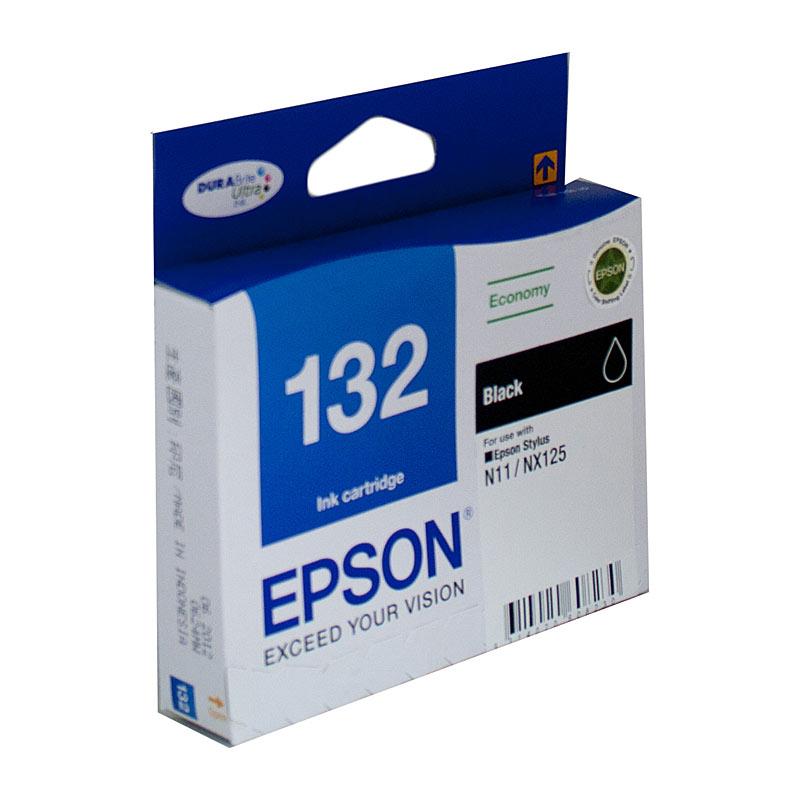 EPSON 132 Black Ink Cartridge with packaging, showcasing its design and branding.