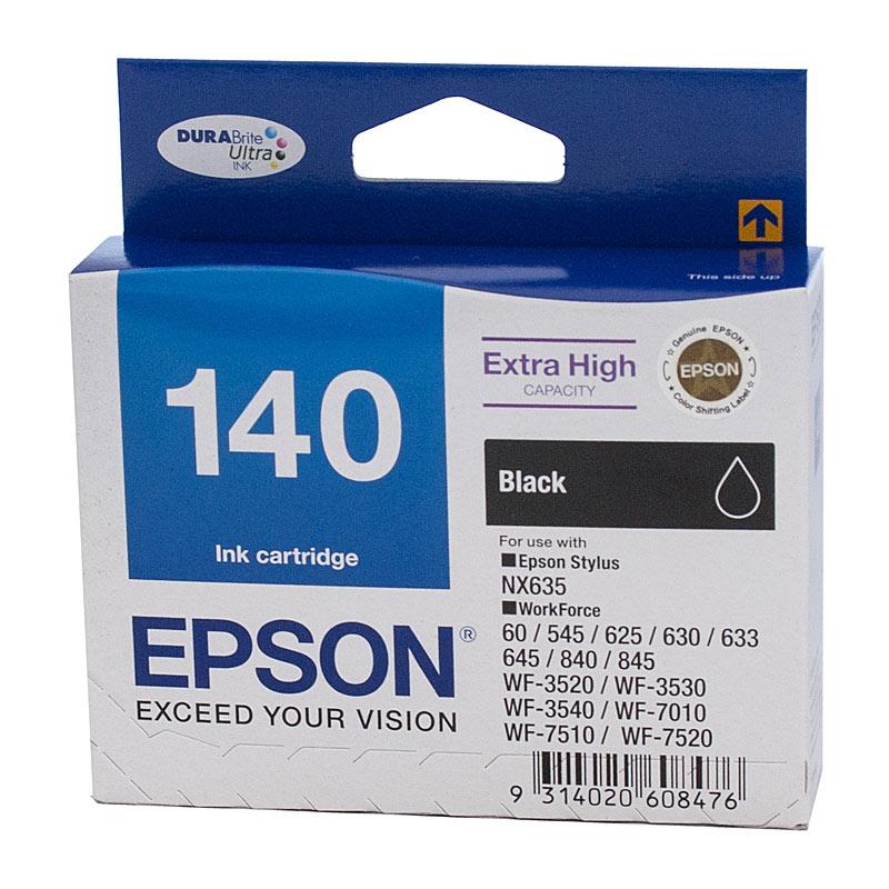 EPSON 140 Black Ink Cartridge with packaging, showcasing its design and branding.