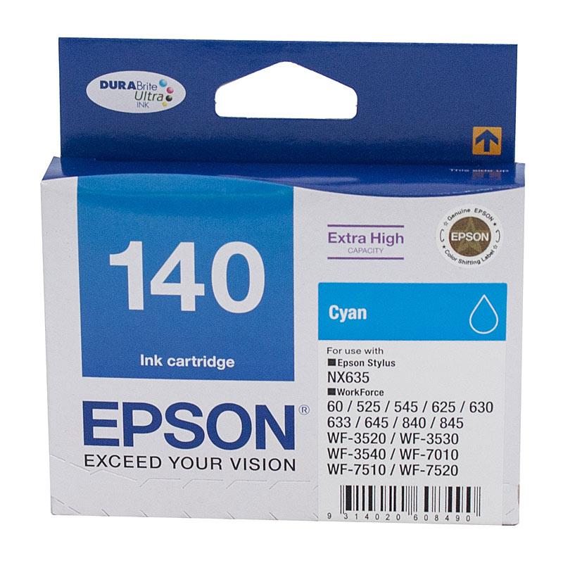 EPSON 140 Cyan Ink Cartridge, a genuine ink cartridge designed for vibrant printing, featuring a blue color and clear labeling.