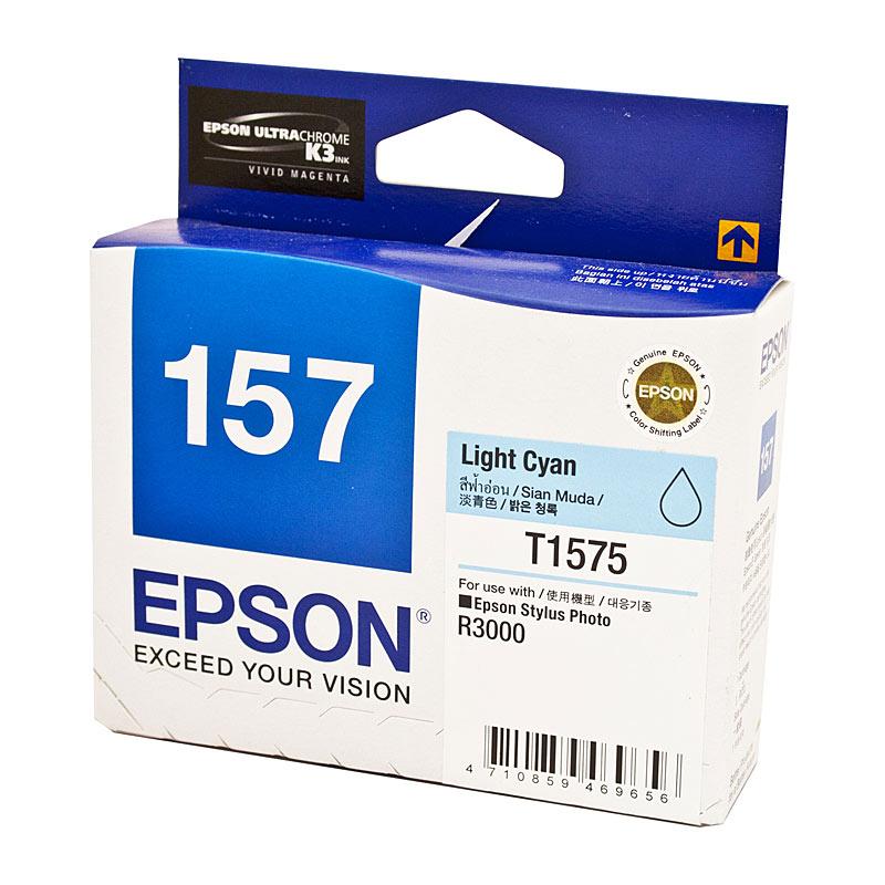 EPSON 1575 Light Cyan Ink Cartridge with vibrant color and sleek design, ideal for R3000 printer.