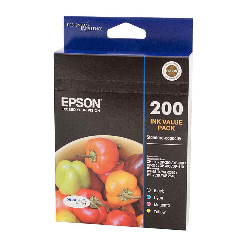 EPSON 200 4 Ink Value Pack featuring four ink cartridges in vibrant colors for high-quality printing.