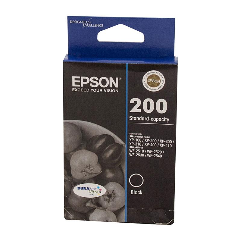 EPSON 200 Black Ink Cartridge with packaging, showcasing its design and branding.