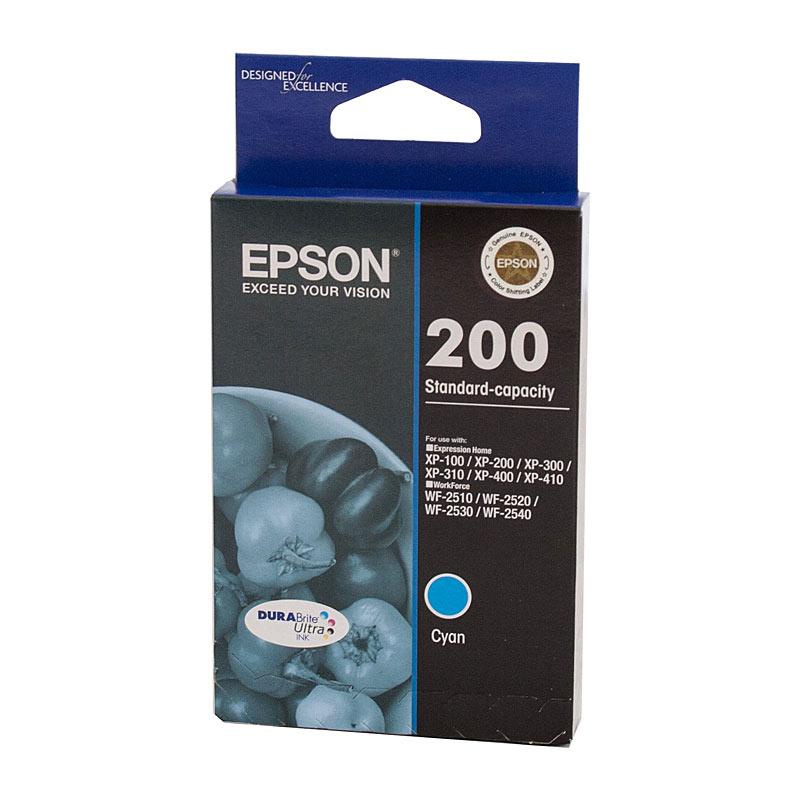 EPSON 200 Cyan Ink Cartridge with vibrant blue color, designed for high-quality printing.