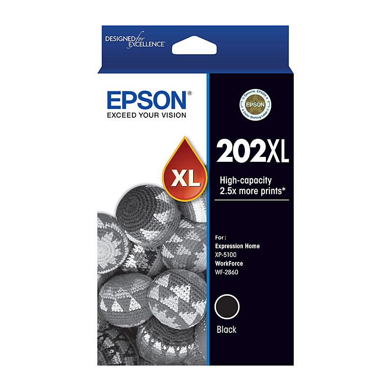 EPSON 202XL Black Ink Cartridge with packaging, showcasing its design and branding.