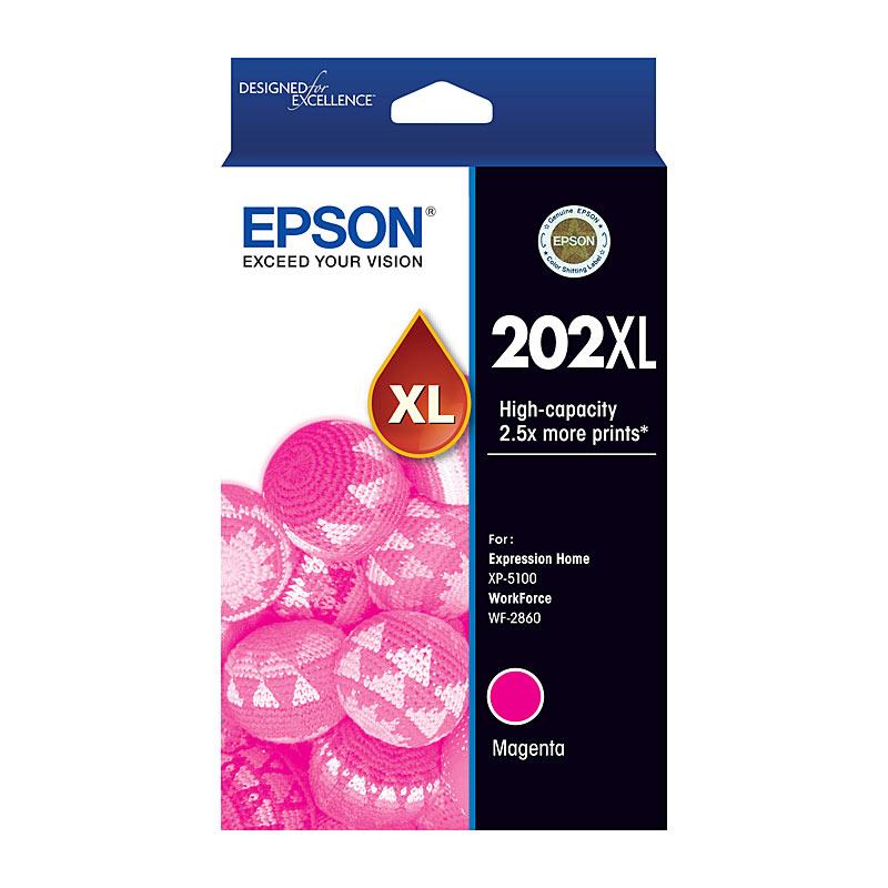 EPSON 202XL Magenta Ink Cartridge with vibrant color packaging, designed for high-quality printing.