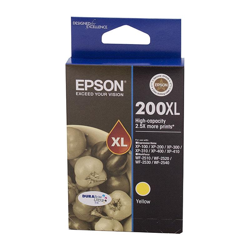 EPSON 200XL Yellow Ink Cartridge with packaging, showcasing vibrant yellow color and branding.