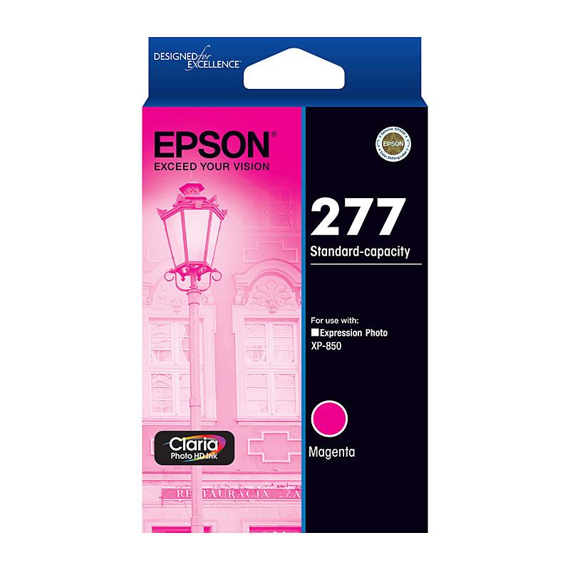 EPSON 277 Magenta Ink Cartridge with vibrant color and packaging details.