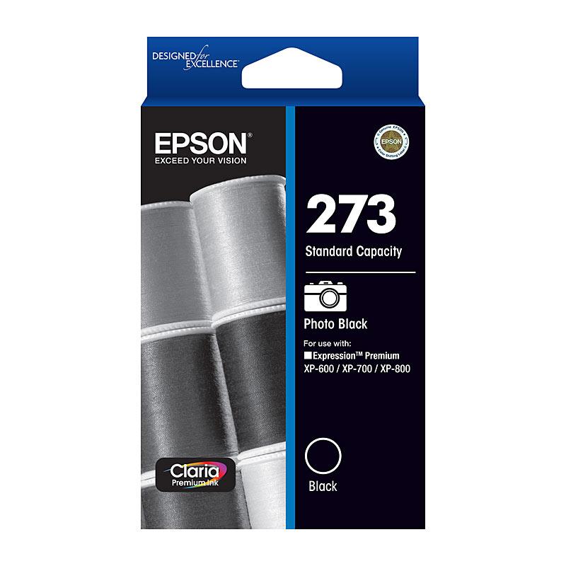 EPSON 273 Photo Black Ink Cartridge, showcasing its sleek design and packaging, ideal for high-quality photo printing.