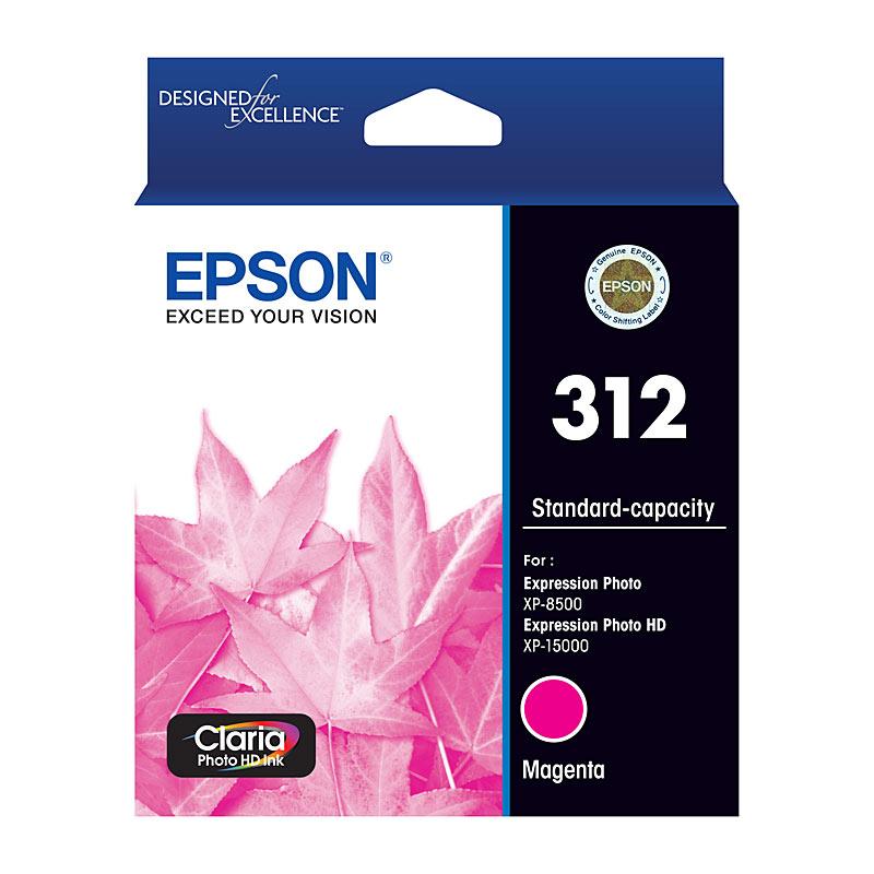 EPSON 312 Magenta Ink Cartridge with vibrant color packaging, designed for high-quality printing.