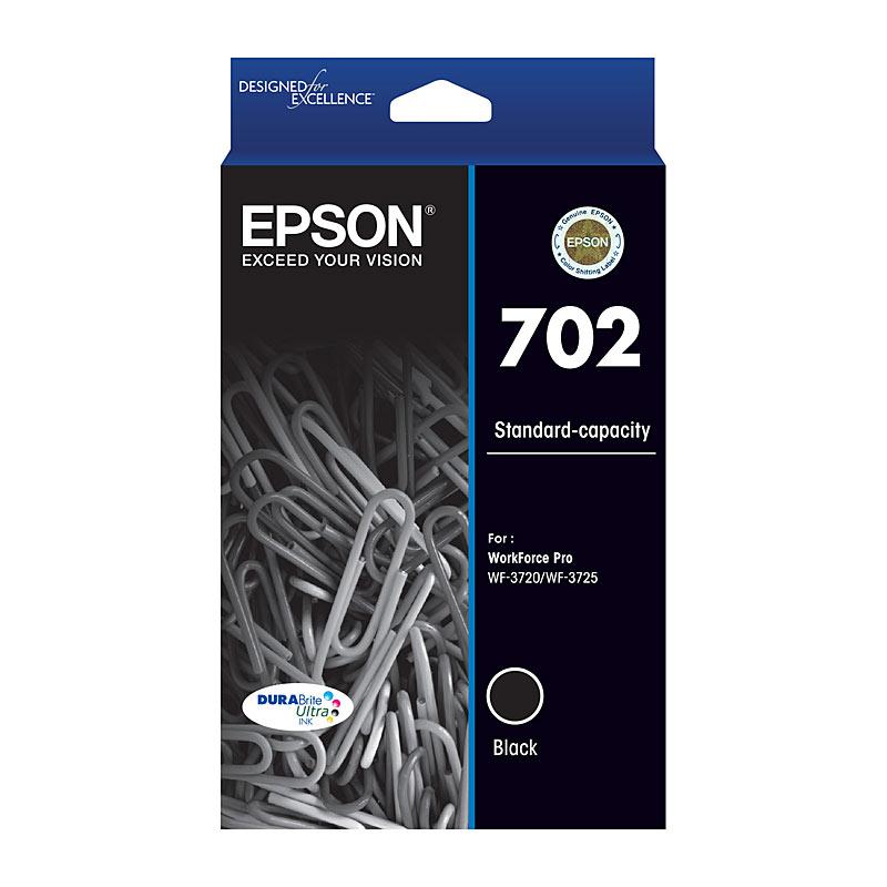 EPSON 702 Black Ink Cartridge with packaging, showcasing its design and features.