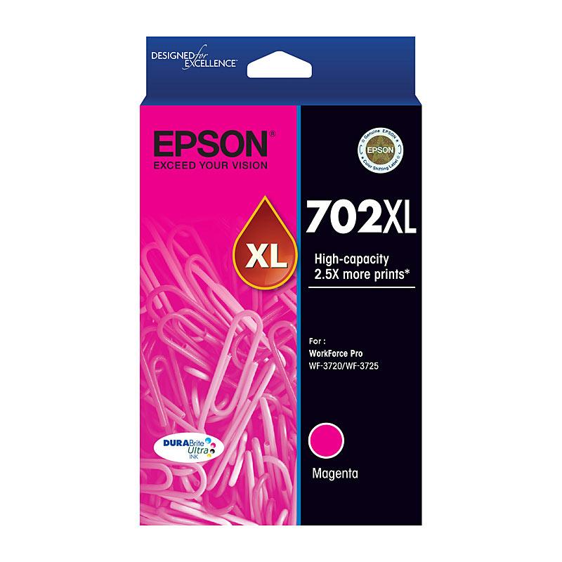 EPSON 702XL Magenta Ink Cartridge with vibrant magenta color, designed for high-quality printing.