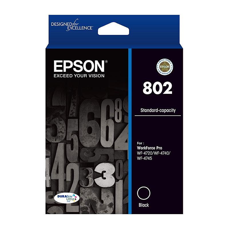 EPSON 802 Black Ink Cartridge with packaging, showcasing its design and branding.
