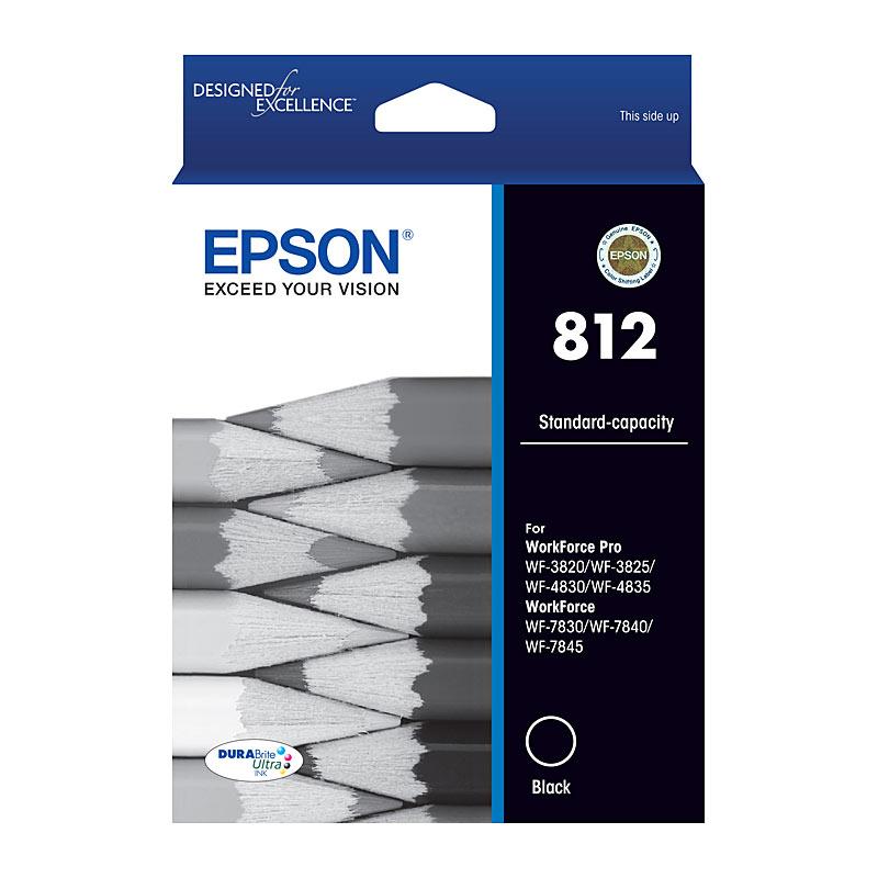 EPSON 812 Black Ink Cartridge with packaging, showcasing its premium quality and compatibility with various EPSON printers.
