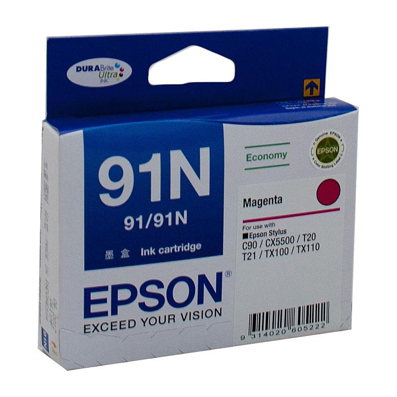 EPSON 91N Magenta Ink Cartridge with vibrant color packaging, designed for high-quality printing.