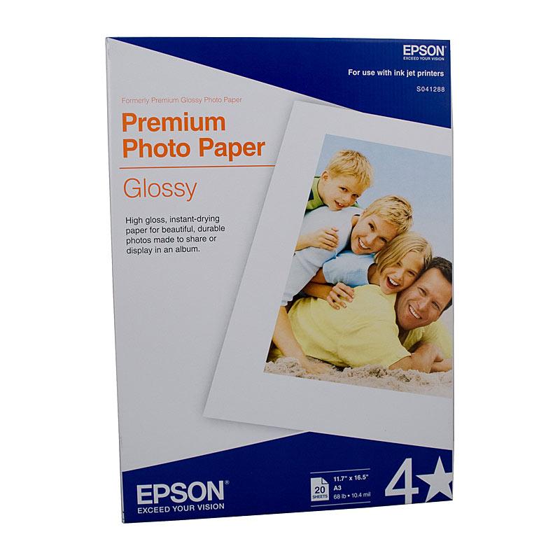 EPSON S041288 Glossy Paper A3 pack showcasing premium glossy finish for vibrant prints.