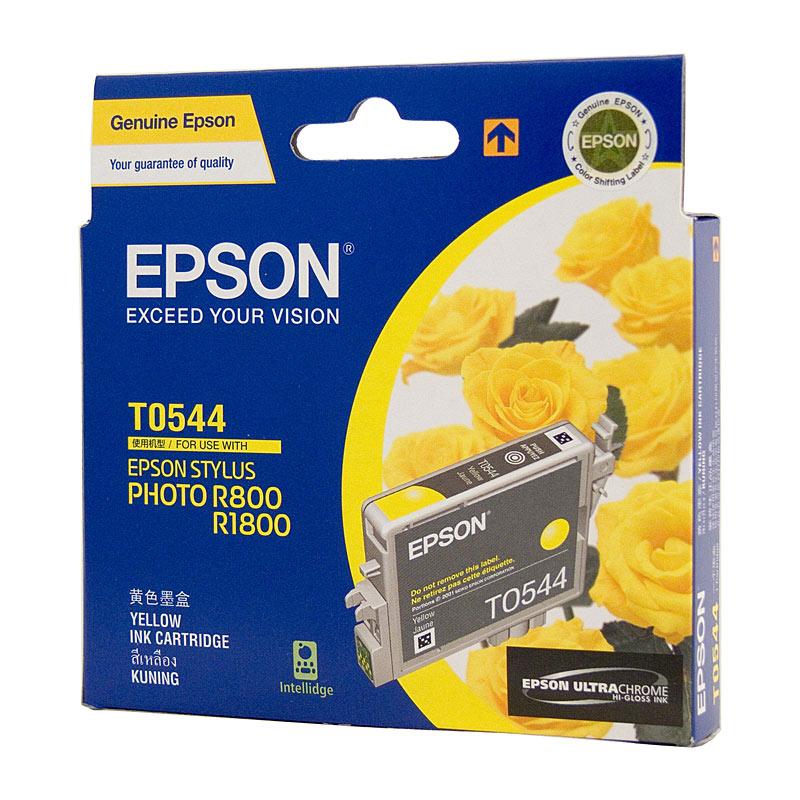 EPSON T0544 Yellow Ink Cartridge with packaging, showcasing vibrant yellow color and branding.